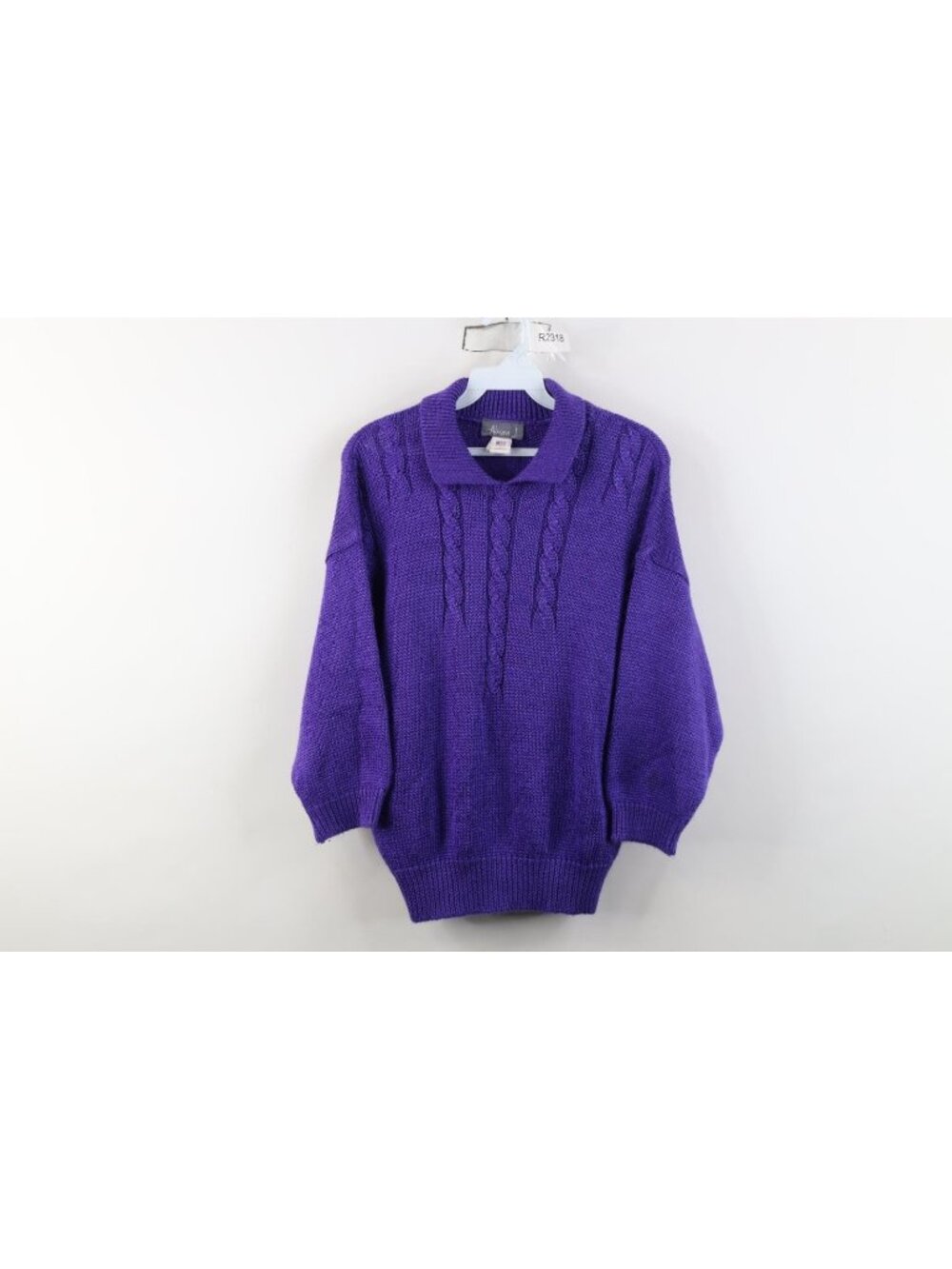 Vintage 80s 90s Womens Large 3/4 Sleeve Cable Knit Collared Sweater Purple USA